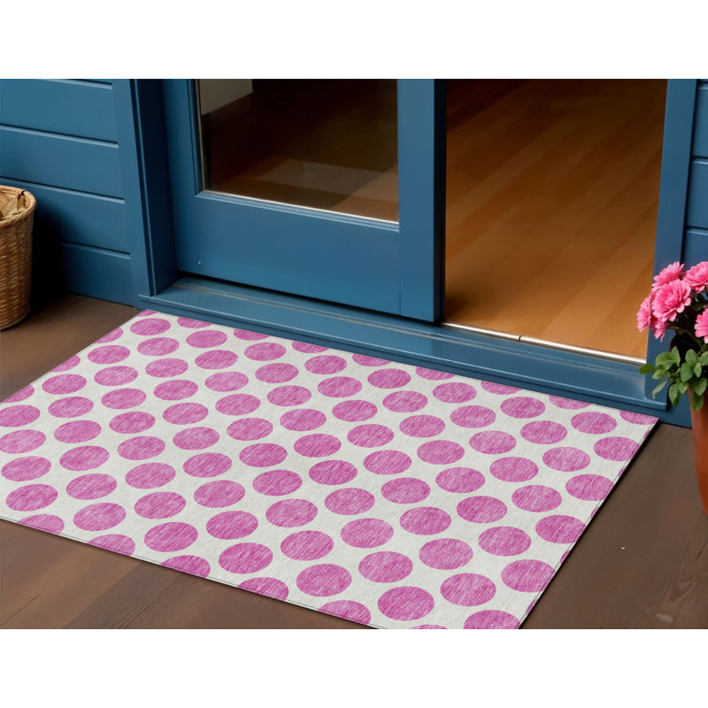 3' X 5' Blush And Ivory Polka Dot Washable Indoor Outdoor Area Rug