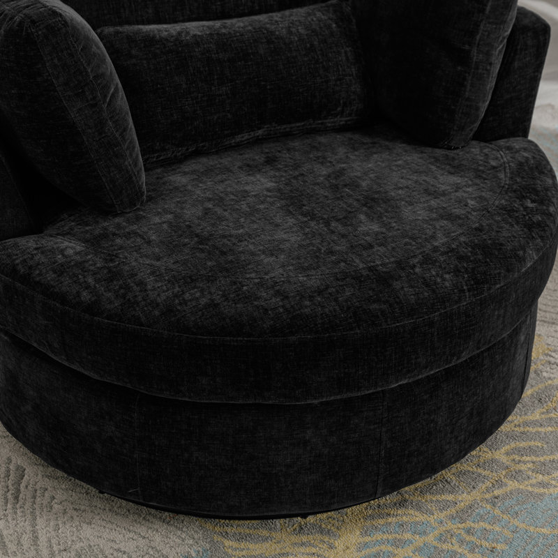 Kenmari 42.3" W Slipcovered Swivel Barrel Chair and Ottoman, Black Chenille
