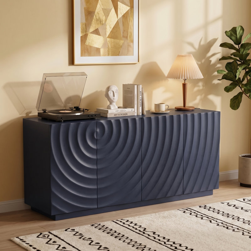 Meuble télé moderne et console multimédia avec armoire de rangement à 4 portes, portes texturées 3D et tablettes réglables