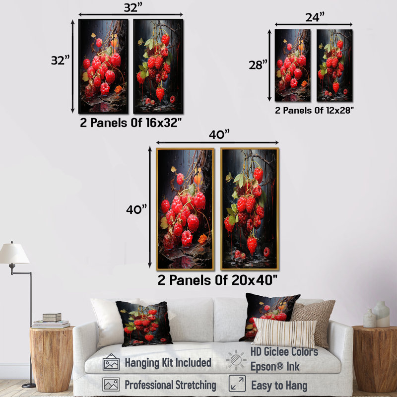 Rubis en relief, fruit framboise - ensemble d'art mural sur toile 2 fruits, H 40 po x l 41 po, Encadrement doré