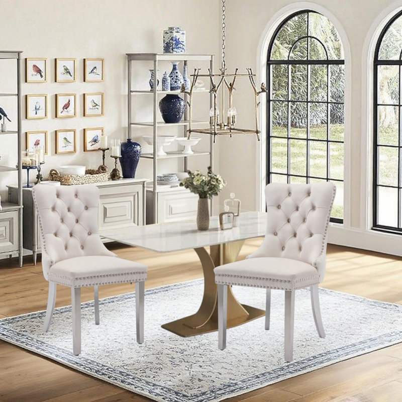 Chaise de salle à manger en velours avec anneau à dossier et pieds en bois massif, Argent argent, Beige, 2