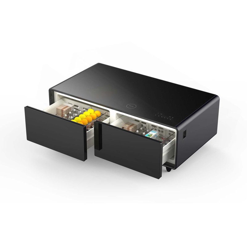 Table basse moderne et intelligente avec réfrigérateur intégré, haut-parleur Bluetooth, module de charge sans fil, panneau de commande tactile, prise de courant, port USB, protection pour prise de courant, lumière d'ambiance
