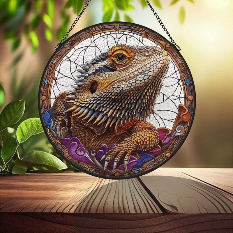 Panneaux de vitrail à motif de dragon barbu, attrape-soleil pour la décoration de fenêtre, 9,8 x 9,8 po (25 x 25 cm)