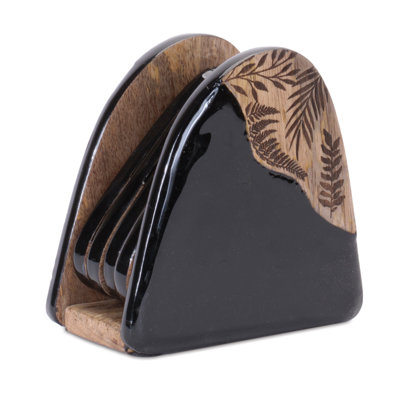 Floral Etched Wood Coaster with Holder