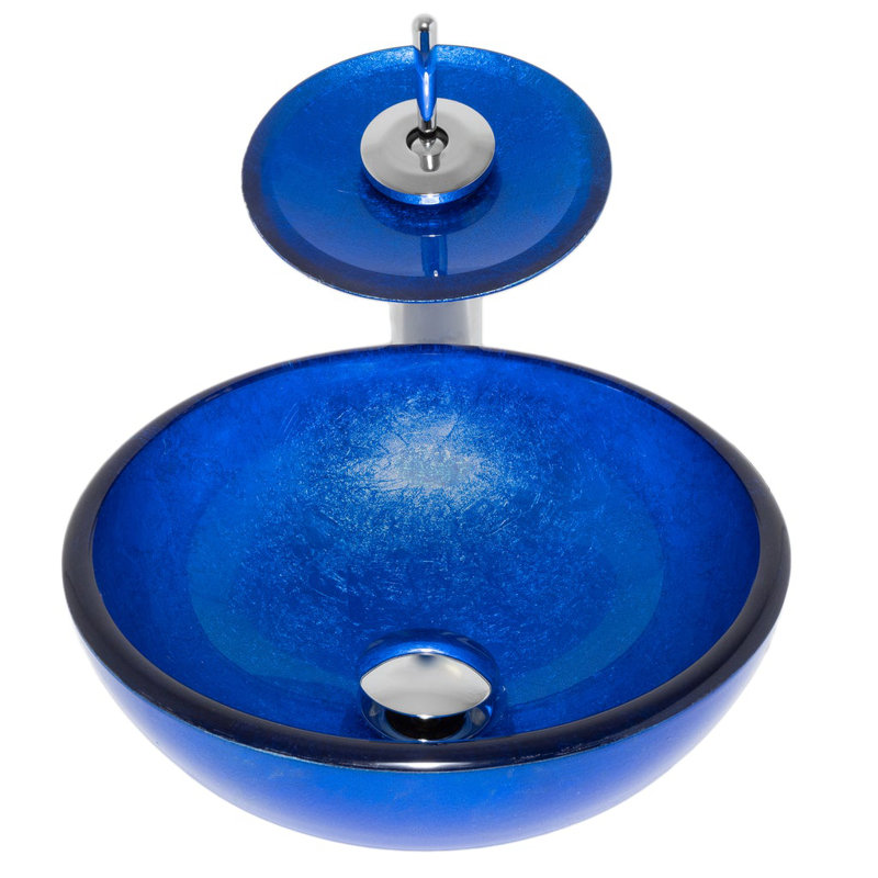 Novatto 12'' Glass Circular Bathroom Sink with Faucet, Blue, Chorme