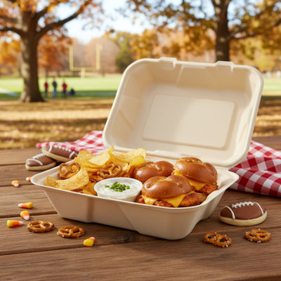  75-pack Compostable 9x6 Inch Clamshell Food Containers, Disposable Heavy-duty Bagasse To-go Boxes, Microwavable, Recyclable, Freezer Safe For Nachos, Wings, Cookies, Meals, Platters