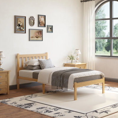 14"H TwinXL Heavy-Duty Easy Assembly Solid Wood Bamboo Platform Bed Frame with Headboard，Metal Slats No Box Spring Need & No Squeak