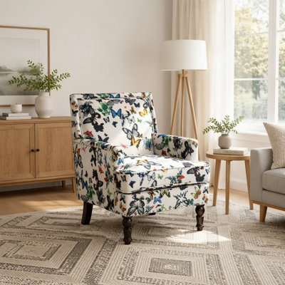 Upholstered Accent Chair with Solid Wood Legs, Vintage Style Butterfly Linen and Nailhead Trim for Living Room