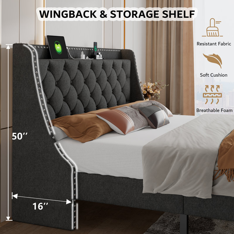 Structure de très grand lit avec siège à oreilles et station de charge de 16 po, lit plateforme tapissier avec tête de lit capitonnée avec rangement, support de lattes en bois massif, pas de sommier tapissier requis, gris foncé