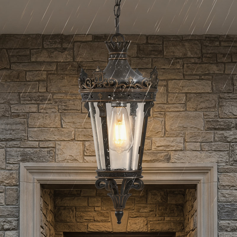 Regal Outdoor Pendant Light - Ornate Crown Motif, Clear Seeded Glass Shade, Weatherproof Metal Fixture