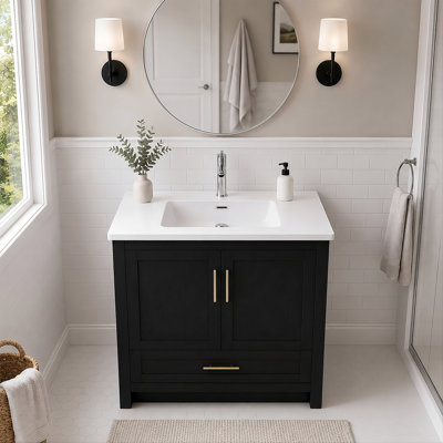 Ensemble de meuble-lavabo sur pied simple 36 po avec lavabo en céramique noir, contreplaqué de bois franc, portes à fermeture douce et rangement réglable intérieur