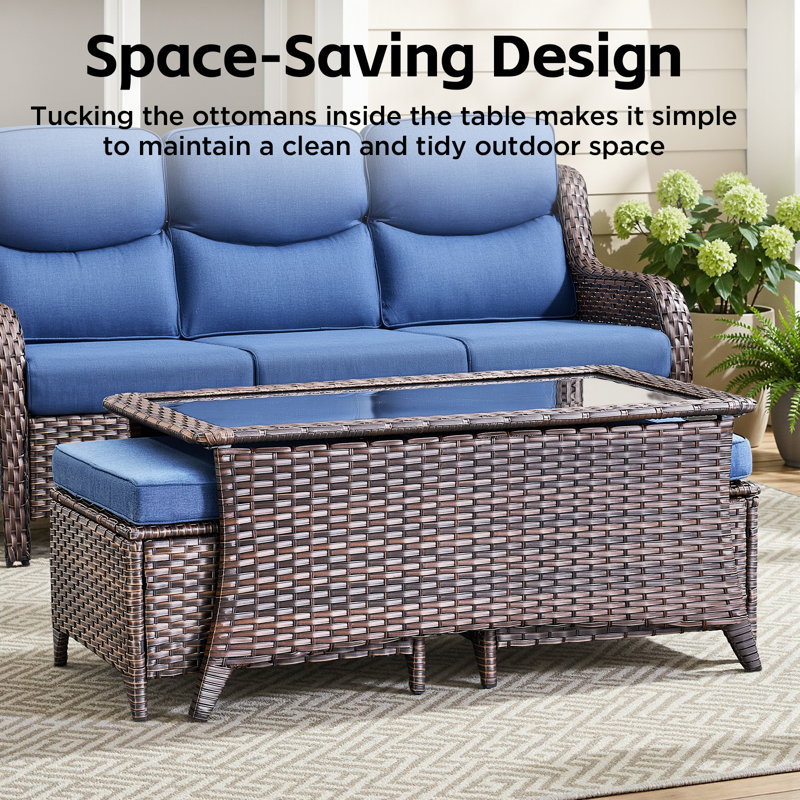 5-Piece Outdoor Wicker Patio Thick Cushion Sofa And Swivel Chairs Set With Coffee Table, Blue, Brown