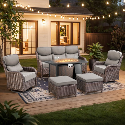 Prunier 6-Piece All-Weather Wicker Patio Rectangle Metal Fire Pit Table Conversation Set With Swivel Gliders, Sofa And Ottomans For Outdoor