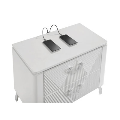 2-drawer Nightstand with Dual USB Port, White High Gloss