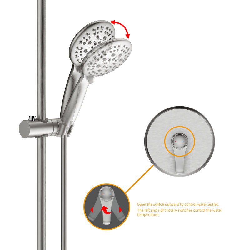 GT Wall Mount Bathroom Shower Faucet, Fixed Wall Bar with Hooks， Height Adjustment Handheld Faucet, Trim Kit with Rough-in Valve, Brushed Nickel