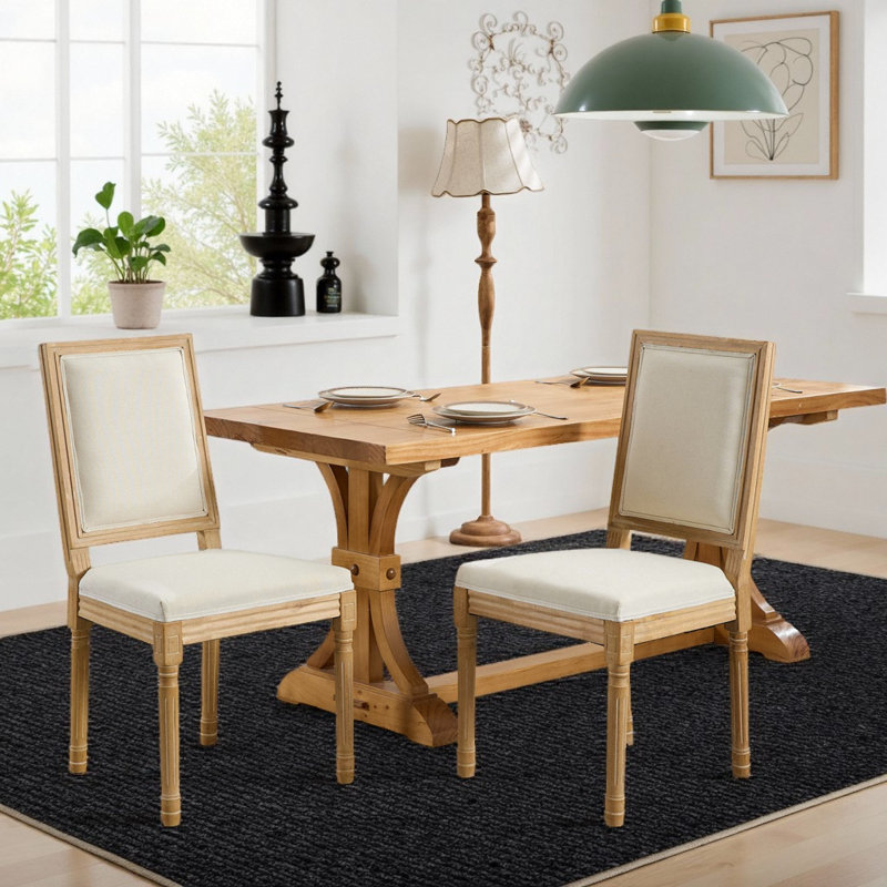 Chaises de salle à manger de style français Louis, chaise d'appoint à structure en bois d'hévéa massif avec dossier carré (ensemble de 2)
