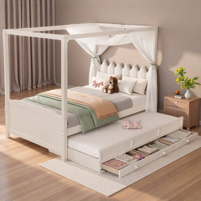 Lit plateforme à baldaquin avec tête de lit en forme de couronne, lit gigogne et 3 tiroirs