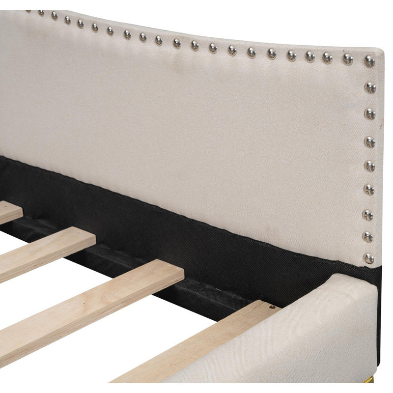 Lit de jour double rembourré avec tête de lit et accoudoirs - Pieds de soutien robustes, confort moderne, Beige