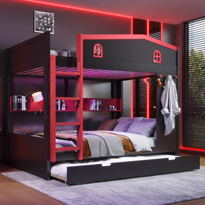 Solid Wood Bunk Bed with Trundle, Storage Shelves & Hooks, No Box Spring Needed, Beige & Natural by Latitude Run