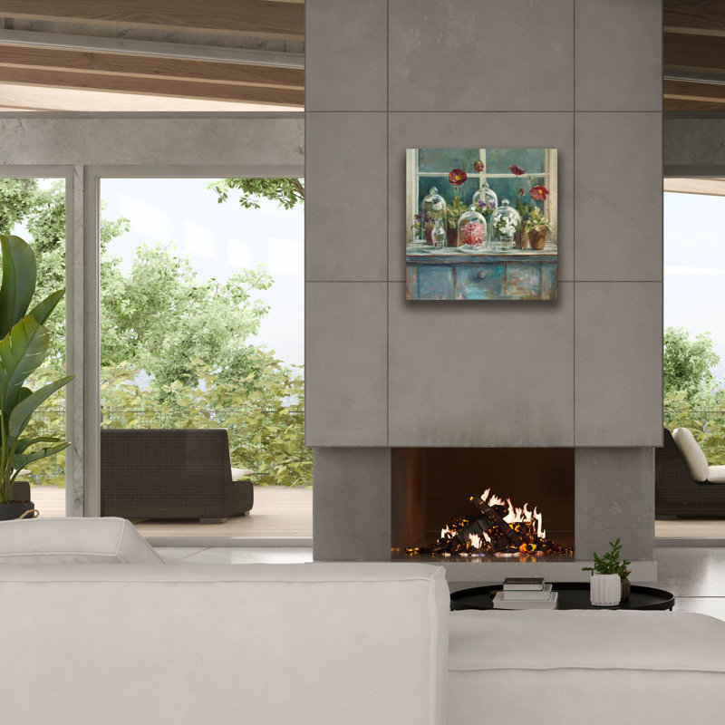 «Fall Poppies Windowsill» par Danhui Nai, art mural sur toile, H 26 po x l 26 po