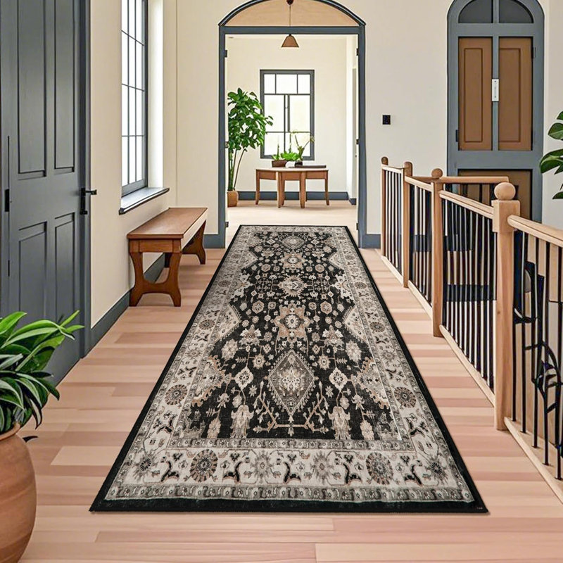 Washable Hallway Rug: Non Slip Rugs with Rubber Backing Soft Kitchen Rug Farmhouse Distressed Carpet Runner for Living Room Bedroom Bathroom (Black)