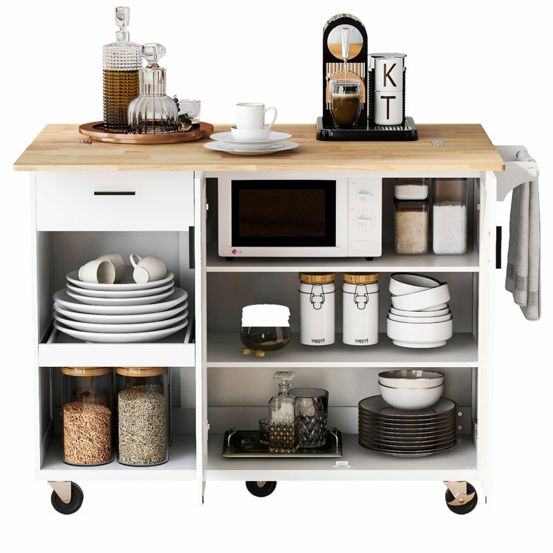 Îlot de cuisine avec comptoir pliable, chariot de rangement roulant avec tablette coulissante, porte-serviettes et tiroir de cuisine