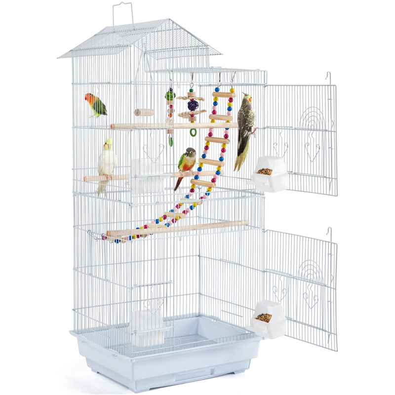 Iron Pointed Top Floor Bird Cage with Perch, White