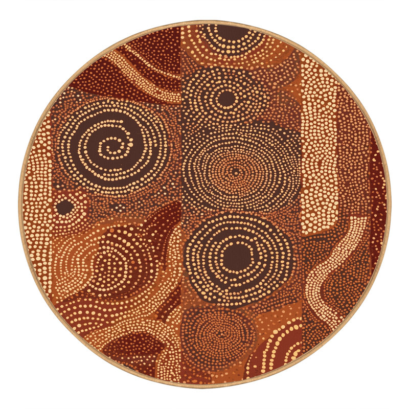 Machine Washable Pahola Global Inspired Block Print Rug in Brown – LightBrown Binding, 6' Round