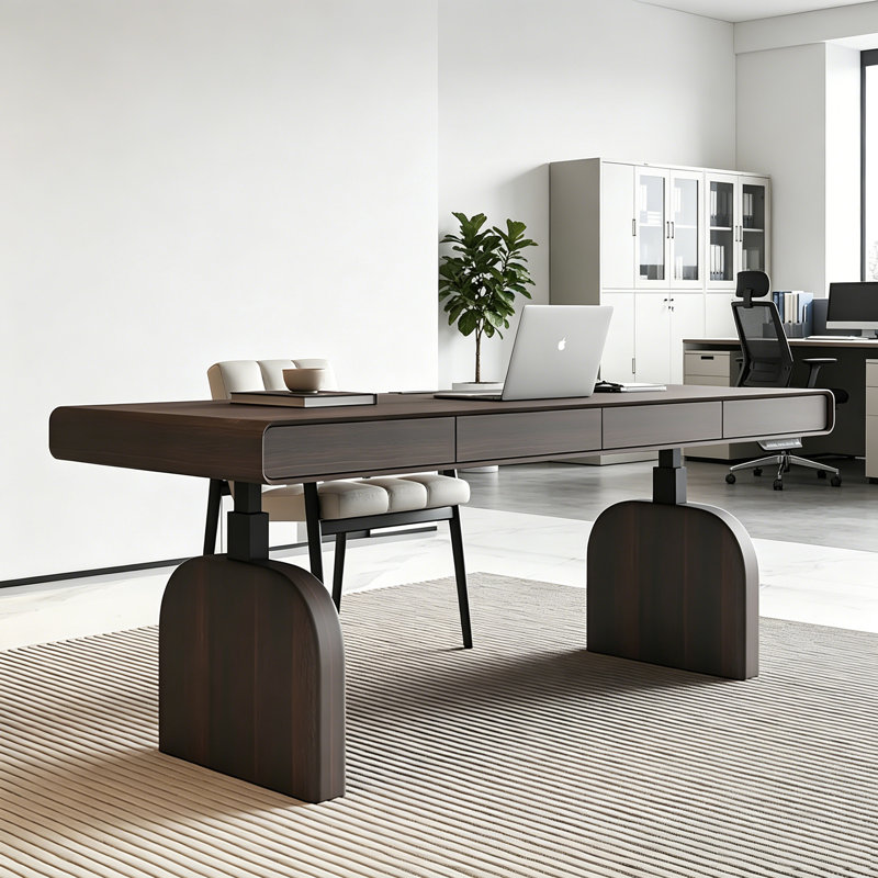 Bureau réglable en hauteur Mid-Century moderne à finition fumée, moteur double, tiroir intégré et prises de courant sur le plateau de table