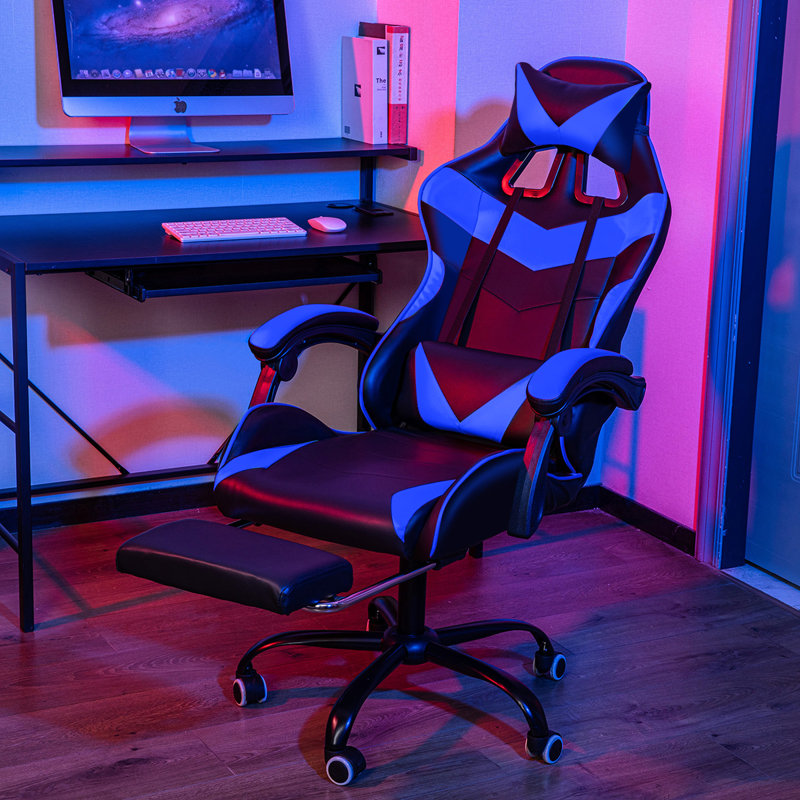 Fauteuil PC et de course avec repose-pieds, bleu