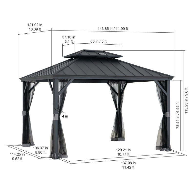 Black Aluminum and Steel 10x12 ft. Hardtop Gazebo with Solar Panel