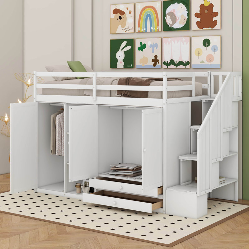 Lit mezzanine simple avec 3 tablettes, 2 armoires et 2 tiroirs, échelle avec rangement, Blanc