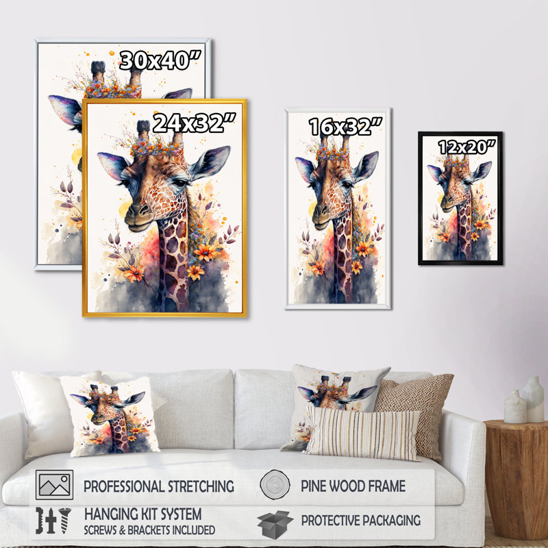 «Cute Giraffe Floral Art I», peinture sur toile, H 32 po x l 24 po x P 1 po, Toile avec cadre flottant noir