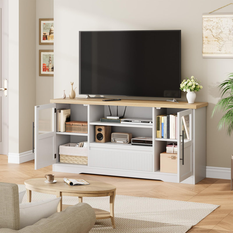 62.5" Farmhouse TV Stand for TVs Up to 72" with Glass Doors and Cabinet