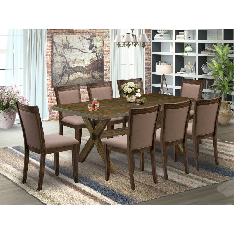 Ensemble de salle à manger 9 pièces comprenant une table de salle à manger rectangulaire avec pieds en X et 8 chaises rembourrées en tissu kaki foncé
