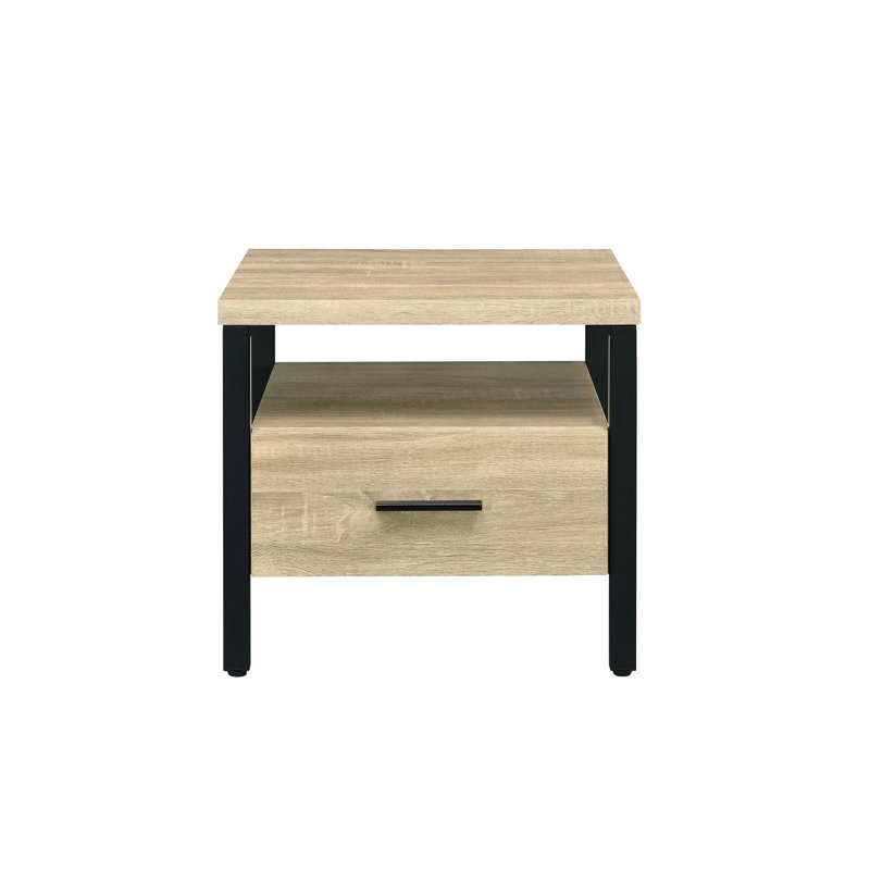 Table avec aspect chêne et noir, pieds en métal, 1 tiroir et espace ouvert, pieds, unité de compartiment