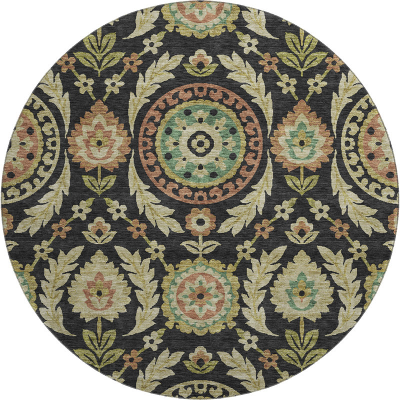 Premium Machine Washable Prisco Black Rug, Round 8'
