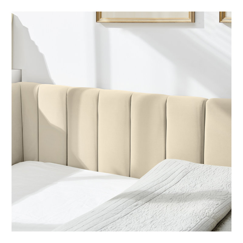 Structure de lit double rembourrée capitonnée, structure de canapé-lit avec dossier et accoudoirs confortables, lit double pour chambre à coucher, salon, velours beige
