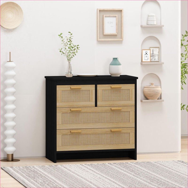 Armoires | Armoire de rangement en rotin à 4 tiroirs, noire, facile à assembler, rangement polyvalent multi-pièces | Moderne | Panneau de particules