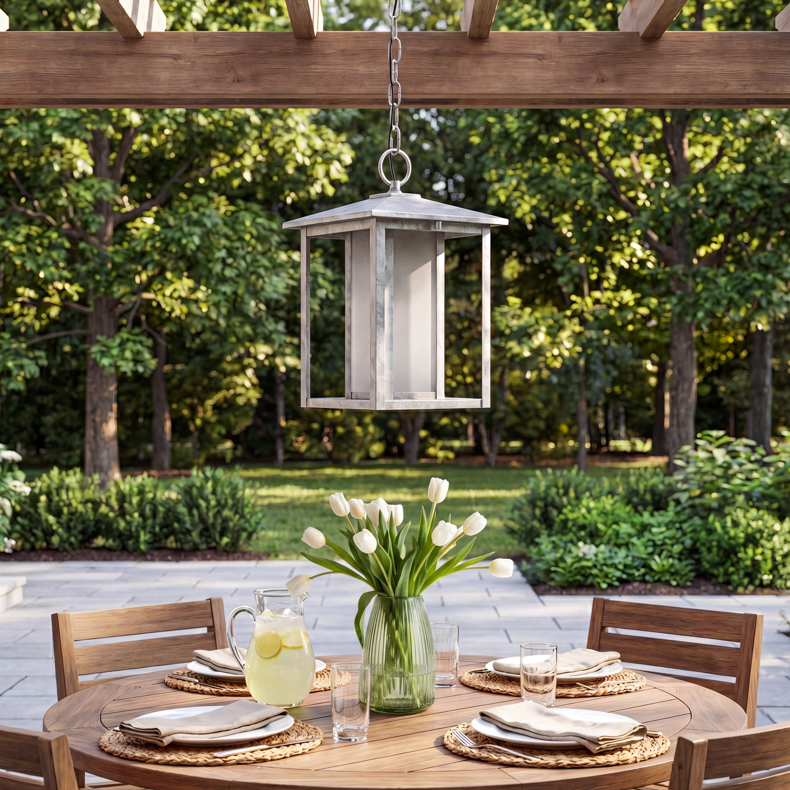 Outdoor Steel Hanging Lantern, Weathered Pewter