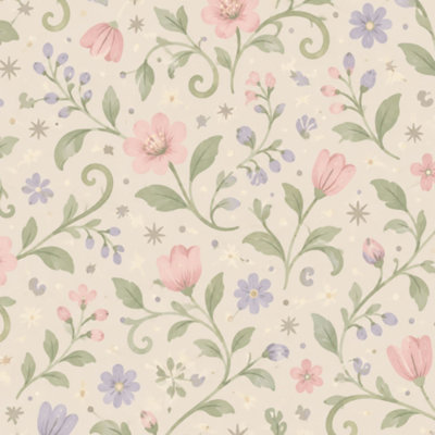 Papier peint adhésif vintage rose à motifs floraux verts et beige/violet, doux et amovible, idéal pour la décoration murale de chambre, cuisine et placards (61 cm x 300 cm).