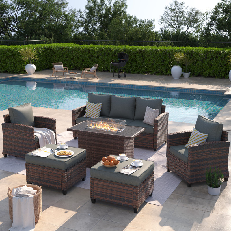 6-Piece Patio Furniture Set with Gas Fire Pit Table, PE Wicker Outdoor Conversation Set with 3-Seat Sofa, 2 Armchairs and Ottomans, Outdoor Patio Furniture for Backyard & Porch