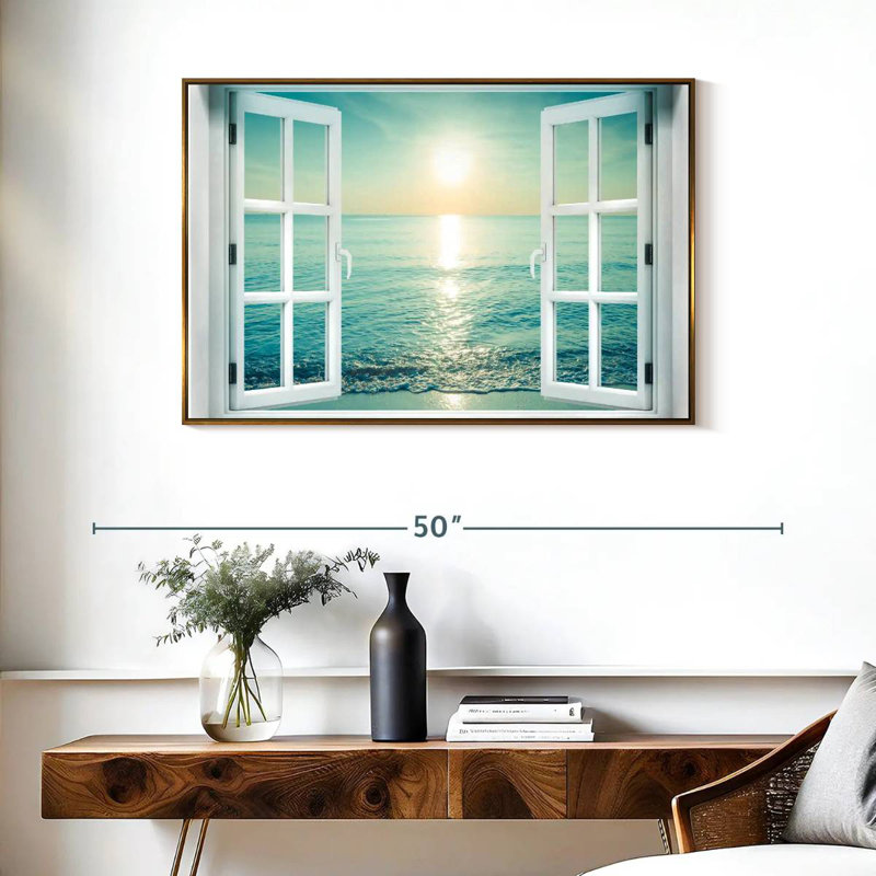 Fenêtre sur le paysage marin, Cadre flottant doré, 37 po x 25 po