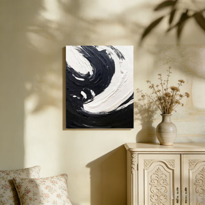 Black and White Abstracts Canvas,Built-in Back Wood Frame Wall Art 36" x 24" Home Accent Decor