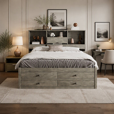 Queen Size Platform Bed With Storage Headboard And 8 Drawers