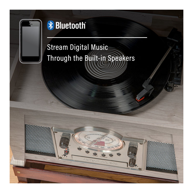 Gray Vintage 8-in-1 Wood Record Player with AM/FM Radio