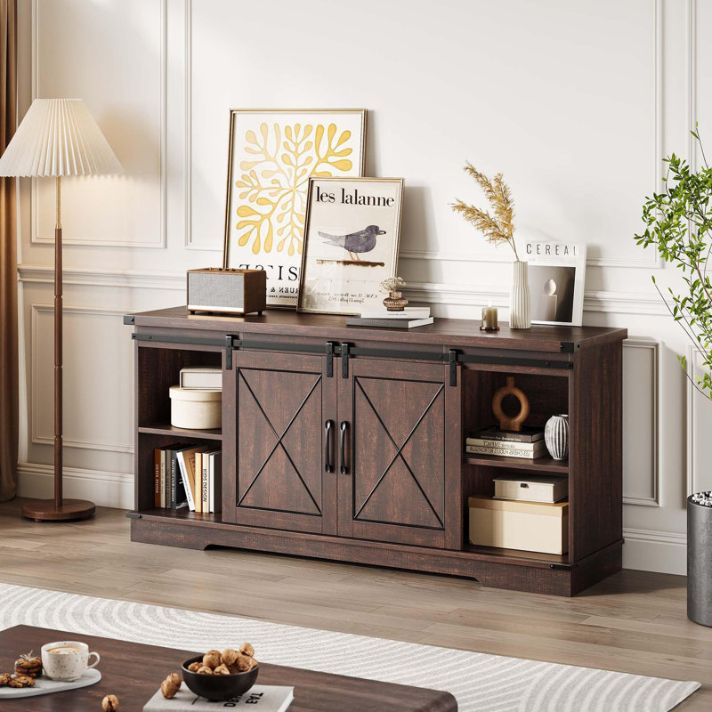 59" Farmhouse TV Stand for 65 Inch TVs, Sliding Barn Doors, Storage Cabinets & Adjustable Shelf, Brown