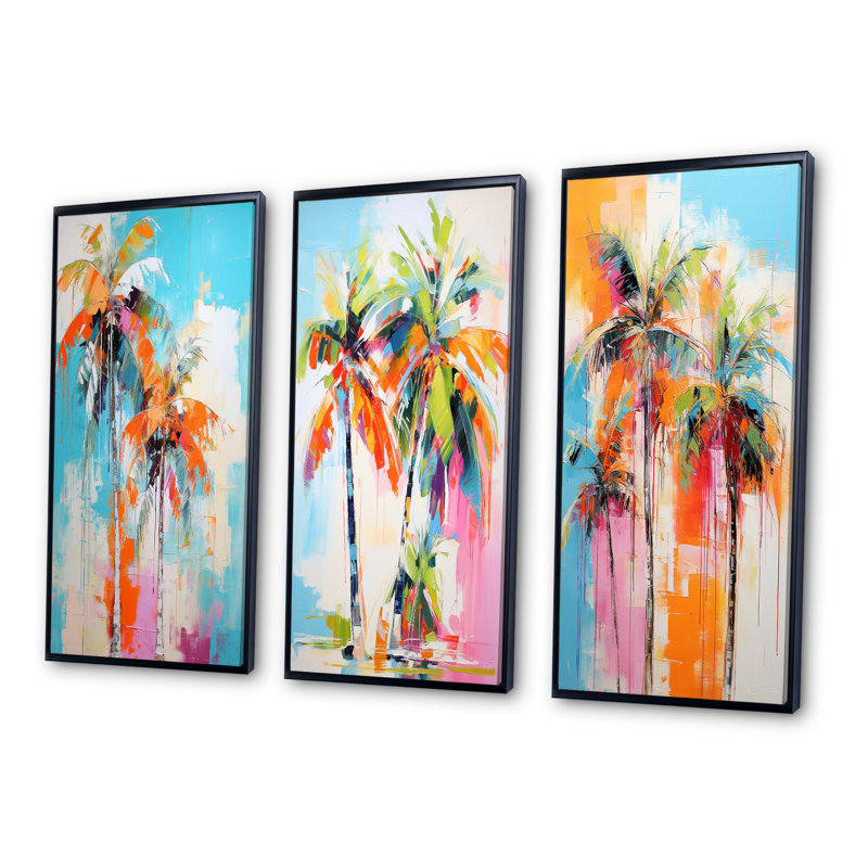 «Palm Trees Palm», 3 pièces sur toile, H 40 po x l 60 po, Cadre flottant noir