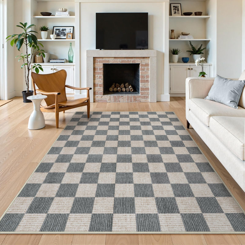 Area Rugs Checkered Non-Slip Washable RugsFarmhouse Neutral Classic Geometric Carpet, Rectangle 6' x 9'