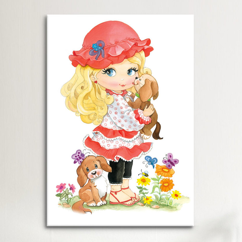 Petite fille blonde avec un chapeau tenant un chiot - reproduction sur toile, H 60 po x l 40po x P 1,5 po